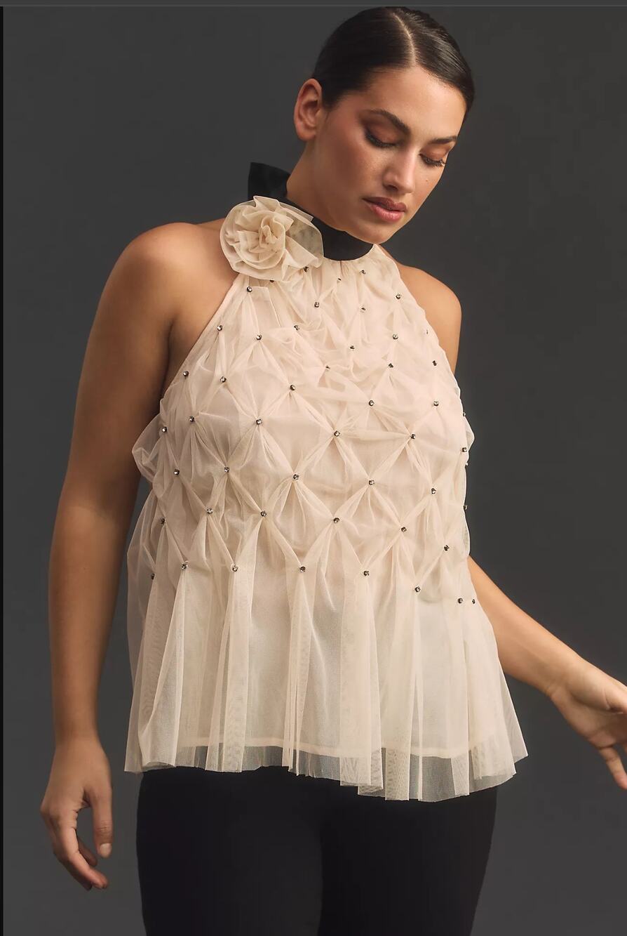 New Anthropologie Maeve Rosette Bow Smocked Blouse - XL